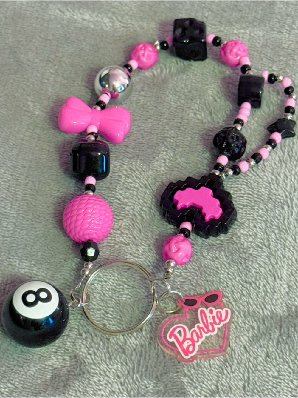 Handmade Barbie Pink Black Beaded Keychain Bag Charm Y2K Coquette Kawaii